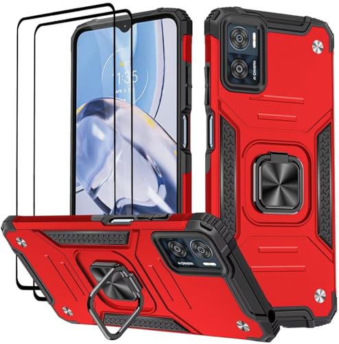 KANSi Hülle für Motorola Moto E22 / E22i, Schutzfolie [2 Stück] Silikon TPU Hart PC Handy Hüllen 360 Grad Drehbar Ringhalter Bumper Stoßdämpfung Schutzhülle - Rote von KANSi