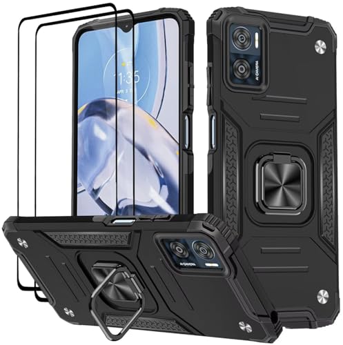 KANSi Hülle für Motorola Moto E22 / E22i, Schutzfolie [2 Stück] Silikon TPU Hart PC Handy Hüllen 360 Grad Drehbar Ringhalter Bumper Stoßdämpfung Schutzhülle - Schwarz von KANSi