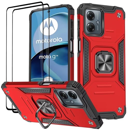 KANSi Hülle für Motorola Moto G14, Schutzfolie [2 Stück] Silikon TPU Hart PC Handy Hüllen 360 Grad Drehbar Ringhalter Bumper Stoßdämpfung Schutzhülle - Rote von KANSi