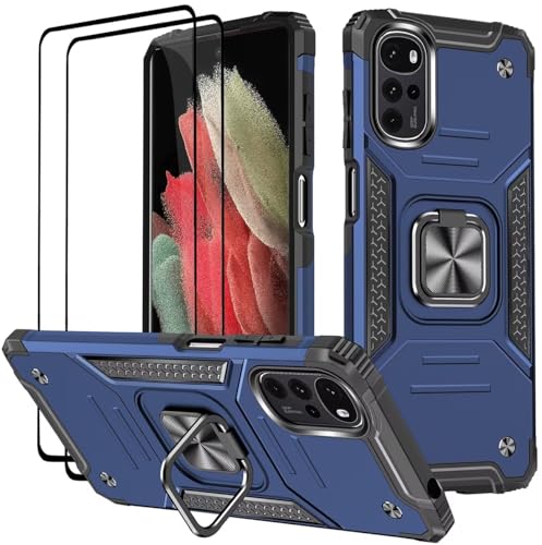 KANSi Hülle für Motorola Moto G22 / E32 / E32S, Schutzfolie [2 Stück] Silikon TPU Hart PC Handy Hüllen 360 Grad Drehbar Ringhalter Bumper Stoßdämpfung Schutzhülle - Blau von KANSi