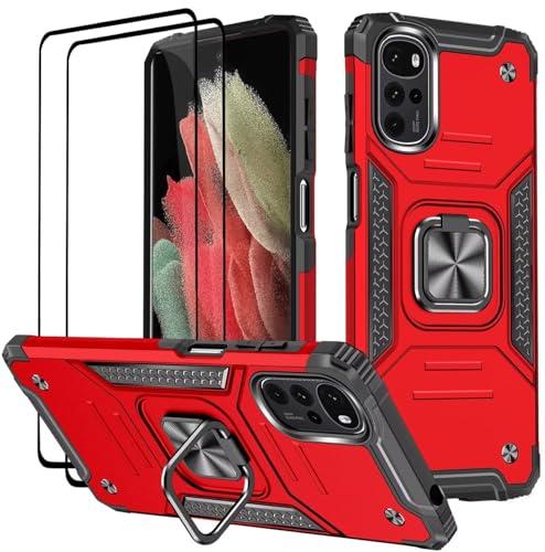 KANSi Hülle für Motorola Moto G22 / E32 / E32S, Schutzfolie [2 Stück] Silikon TPU Hart PC Handy Hüllen 360 Grad Drehbar Ringhalter Bumper Stoßdämpfung Schutzhülle - Rote von KANSi