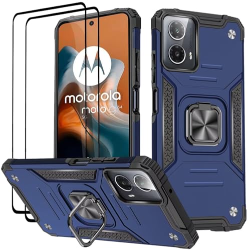 KANSi Hülle für Motorola Moto G34, Schutzfolie [2 Stück] Silikon TPU Hart PC Handy Hüllen 360 Grad Drehbar Ringhalter Bumper Stoßdämpfung Schutzhülle - Blau von KANSi