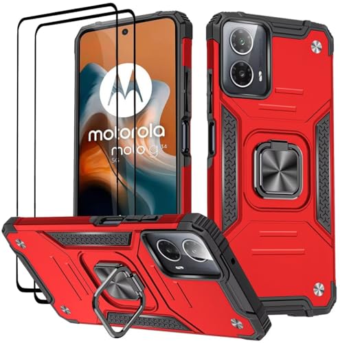 KANSi Hülle für Motorola Moto G34, Schutzfolie [2 Stück] Silikon TPU Hart PC Handy Hüllen 360 Grad Drehbar Ringhalter Bumper Stoßdämpfung Schutzhülle - Rote von KANSi