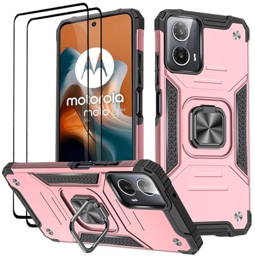 KANSi Hülle für Motorola Moto G34, Schutzfolie [2 Stück] Silikon TPU Hart PC HandyHüllen 360 Grad Drehbar Ringhalter Bumper Stoßdämpfung Schutzhülle - Rosé Gold von KANSi