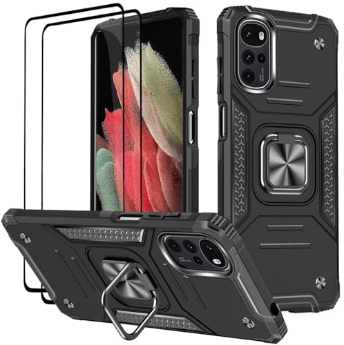 KANSi Hülle für Motorola Moto G42, Schutzfolie [2 Stück] Silikon TPU Hart PC Handy Hüllen 360 Grad Drehbar Ringhalter Bumper Stoßdämpfung Schutzhülle - Schwarz von KANSi