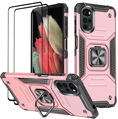 KANSi Hülle für Motorola Moto G42, Schutzfolie [2 Stück] Silikon TPU Hart PC HandyHüllen 360 Grad Drehbar Ringhalter Bumper Stoßdämpfung Schutzhülle - Rosé Gold von KANSi