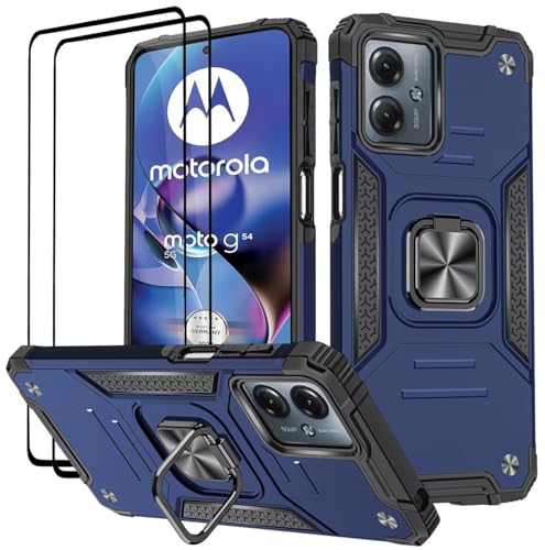 KANSi Hülle für Motorola Moto G54, Schutzfolie [2 Stück] Silikon TPU Hart PC Handy Hüllen 360 Grad Drehbar Ringhalter Bumper Stoßdämpfung Schutzhülle - Blau von KANSi