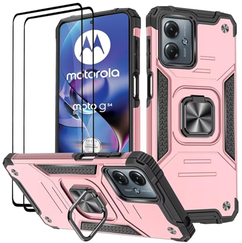 KANSi Hülle für Motorola Moto G54, Schutzfolie [2 Stück] Silikon TPU Hart PC HandyHüllen 360 Grad Drehbar Ringhalter Bumper Stoßdämpfung Schutzhülle - Rosé Gold von KANSi