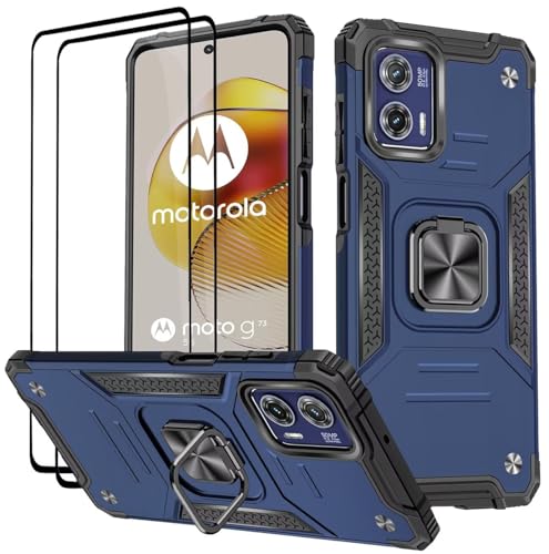 KANSi Hülle für Motorola Moto G73 / G73 5G, Schutzfolie [2 Stück] Silikon TPU Hart PC Handy Hüllen 360 Grad Drehbar Ringhalter Bumper Stoßdämpfung Schutzhülle - Blau von KANSi