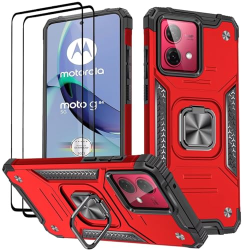 KANSi Hülle für Motorola Moto G84 / G84 5G, Schutzfolie [2 Stück] Silikon TPU Hart PC Handy Hüllen 360 Grad Drehbar Ringhalter Bumper Stoßdämpfung Schutzhülle - Rote von KANSi