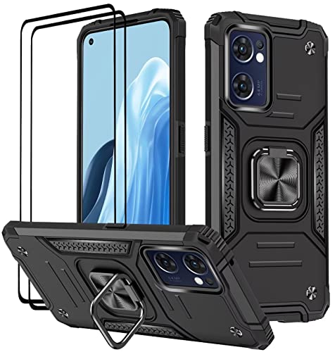 KANSi Hülle für Oppo Find X5 Lite, Schutzfolie [2 Stück] Silikon TPU Hart PC Handy Hüllen 360 Grad Drehbar Ringhalter Bumper Stoßdämpfung Schutzhülle - Schwarz von KANSi