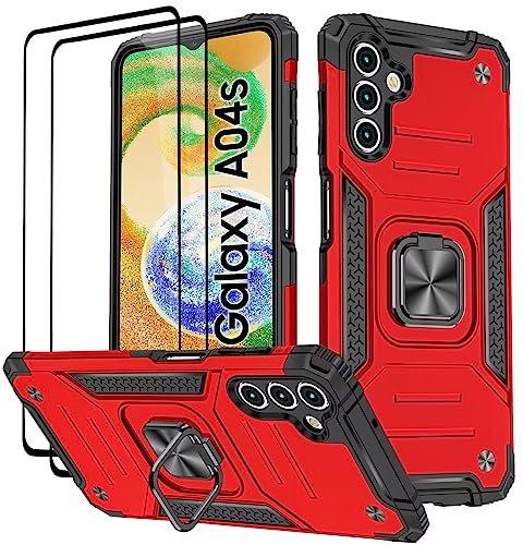 KANSi Hülle für Samsung Galaxy A04S / A13 5G, Schutzfolie [2 Stück] Silikon TPU Hart PC Handy Hüllen 360 Grad Drehbar Ringhalter Bumper Stoßdämpfung Schutzhülle - Rote von KANSi