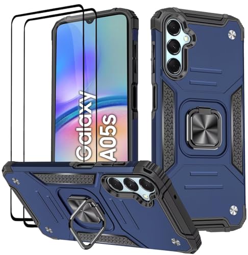 KANSi Hülle für Samsung Galaxy A05S, Schutzfolie [2 Stück] Silikon TPU Hart PC Handy Hüllen 360 Grad Drehbar Ringhalter Bumper Stoßdämpfung Schutzhülle - Blau von KANSi