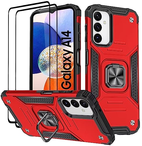 KANSi Hülle für Samsung Galaxy A14 5G / 4G, Schutzfolie [2 Stück] Silikon TPU Hart PC Handy Hüllen 360 Grad Drehbar Ringhalter Bumper Stoßdämpfung Schutzhülle - Rote von KANSi