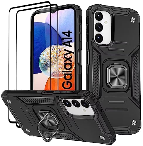 KANSi Hülle für Samsung Galaxy A14 5G / 4G, Schutzfolie [2 Stück] Silikon TPU Hart PC Handy Hüllen 360 Grad Drehbar Ringhalter Bumper Stoßdämpfung Schutzhülle - Schwarz von KANSi