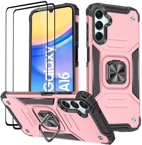 KANSi Hülle für Samsung Galaxy A16 5G / 4G, Schutzfolie [2 Stück] Silikon TPU Hart PC HandyHüllen 360 Grad Drehbar Ringhalter Bumper Stoßdämpfung Schutzhülle - Rosé Gold von KANSi