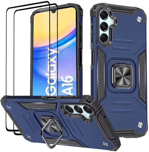 KANSi Hülle für Samsung Galaxy A16 5G / 4G, Schutzfolie [2 Stück] Silikon TPU Hart PC Handy Hüllen 360 Grad Drehbar Ringhalter Bumper Stoßdämpfung Schutzhülle - Blau von KANSi