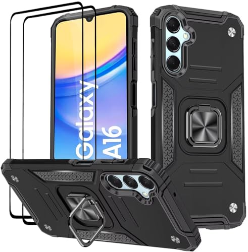 KANSi Hülle für Samsung Galaxy A16 5G / 4G, Schutzfolie [2 Stück] Silikon TPU Hart PC Handy Hüllen 360 Grad Drehbar Ringhalter Bumper Stoßdämpfung Schutzhülle - Schwarz von KANSi