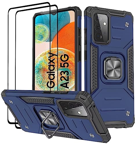 KANSi Hülle für Samsung Galaxy A23 5G / 4G, Schutzfolie [2 Stück] Silikon TPU Hart PC Handy Hüllen 360 Grad Drehbar Ringhalter Bumper Stoßdämpfung Schutzhülle - Blau von KANSi