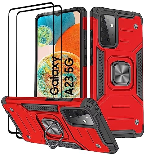 KANSi Hülle für Samsung Galaxy A23 5G / 4G, Schutzfolie [2 Stück] Silikon TPU Hart PC Handy Hüllen 360 Grad Drehbar Ringhalter Bumper Stoßdämpfung Schutzhülle - Rote von KANSi