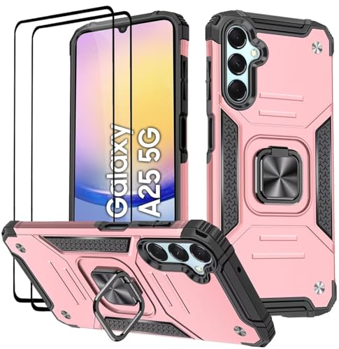KANSi Hülle für Samsung Galaxy A25, Schutzfolie [2 Stück] Silikon TPU Hart PC HandyHüllen 360 Grad Drehbar Ringhalter Bumper Stoßdämpfung Schutzhülle - Rosé Gold von KANSi