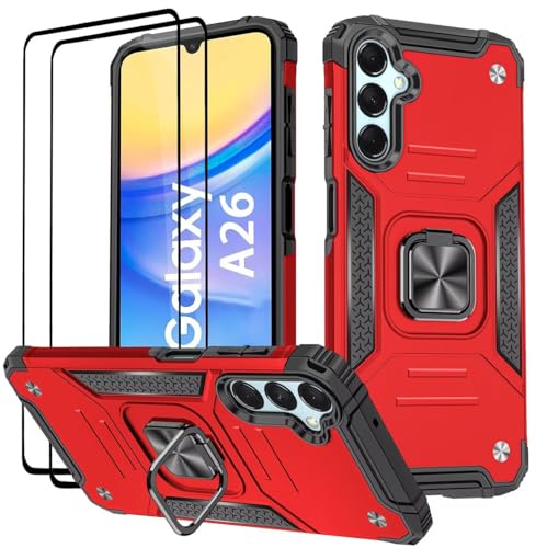 KANSi Hülle für Samsung Galaxy A26 5G, Schutzfolie [2 Stück] Silikon TPU Hart PC Handy Hüllen 360 Grad Drehbar Ringhalter Bumper Stoßdämpfung Schutzhülle - Rote von KANSi