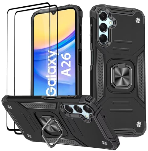 KANSi Hülle für Samsung Galaxy A26 5G, Schutzfolie [2 Stück] Silikon TPU Hart PC Handy Hüllen 360 Grad Drehbar Ringhalter Bumper Stoßdämpfung Schutzhülle - Schwarz von KANSi