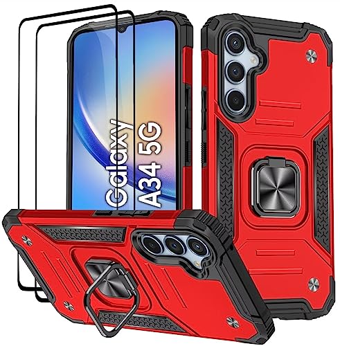 KANSi Hülle für Samsung Galaxy A34 / A34 5G, Schutzfolie [2 Stück] Silikon TPU Hart PC Handy Hüllen 360 Grad Drehbar Ringhalter Bumper Stoßdämpfung Schutzhülle - Rote von KANSi