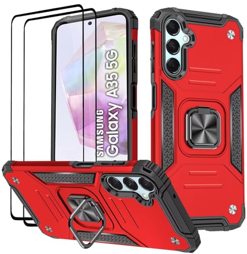 KANSi Hülle für Samsung Galaxy A35 5G, Schutzfolie [2 Stück] Silikon TPU Hart PC Handy Hüllen 360 Grad Drehbar Ringhalter Bumper Stoßdämpfung Schutzhülle - Rote von KANSi
