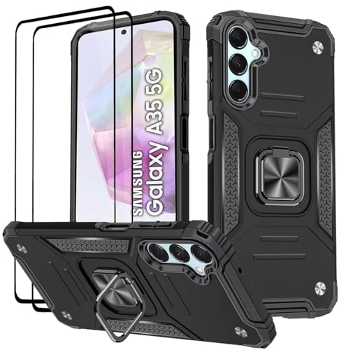 KANSi Hülle für Samsung Galaxy A35 5G, Schutzfolie [2 Stück] Silikon TPU Hart PC Handy Hüllen 360 Grad Drehbar Ringhalter Bumper Stoßdämpfung Schutzhülle - Schwarz von KANSi