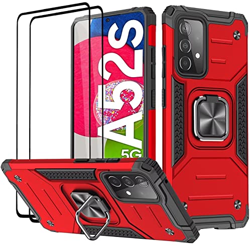 KANSi Hülle für Samsung Galaxy A52 4G&5G / A52S, Schutzfolie [2 Stück] Silikon TPU Hart PC Handy Hüllen 360 Grad Drehbar Ringhalter Bumper Stoßdämpfung Schutzhülle - Rote von KANSi