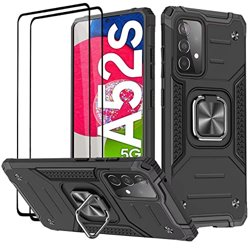 KANSi Hülle für Samsung Galaxy A52 4G&5G / A52S, Schutzfolie [2 Stück] Silikon TPU Hart PC Handy Hüllen 360 Grad Drehbar Ringhalter Bumper Stoßdämpfung Schutzhülle - Schwarz von KANSi