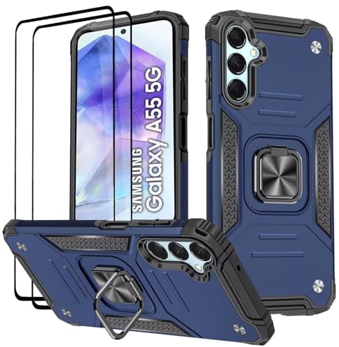 KANSi Hülle für Samsung Galaxy A55 5G, Schutzfolie [2 Stück] Silikon TPU Hart PC Handy Hüllen 360 Grad Drehbar Ringhalter Bumper Stoßdämpfung Schutzhülle - Blau von KANSi