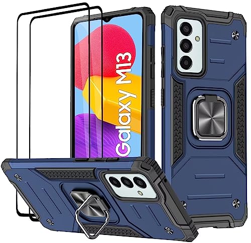 KANSi Hülle für Samsung Galaxy M23 5G / M13 4G, Schutzfolie [2 Stück] Silikon TPU Hart PC Handy Hüllen 360 Grad Drehbar Ringhalter Bumper Stoßdämpfung Schutzhülle - Blau von KANSi