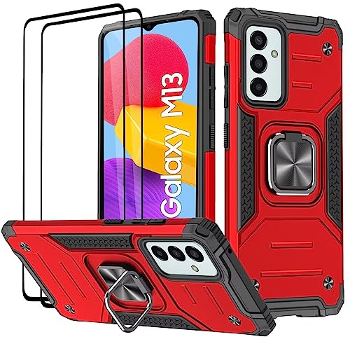 KANSi Hülle für Samsung Galaxy M23 5G / M13 4G, Schutzfolie [2 Stück] Silikon TPU Hart PC Handy Hüllen 360 Grad Drehbar Ringhalter Bumper Stoßdämpfung Schutzhülle - Rote von KANSi