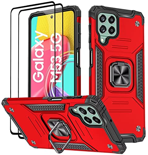 KANSi Hülle für Samsung Galaxy M53 5G, Schutzfolie [2 Stück] Silikon TPU Hart PC Handy Hüllen 360 Grad Drehbar Ringhalter Bumper Stoßdämpfung Schutzhülle - Rote von KANSi