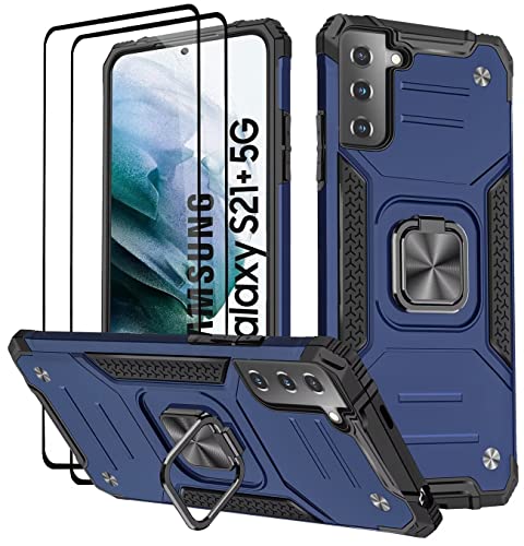 KANSi Hülle für Samsung Galaxy S21 Plus 5G, Schutzfolie [2 Stück] Silikon TPU Hart PC Handy Hüllen 360 Grad Drehbar Ringhalter Bumper Stoßdämpfung Schutzhülle - Blau von KANSi