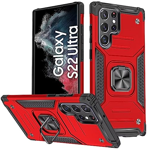 KANSi Hülle für Samsung Galaxy S22 Ultra, Silikon TPU Hart PC Handy Hüllen 360 Grad Drehbar Ringhalter Bumper Stoßdämpfung Schutzhülle - Rote von KANSi