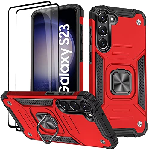 KANSi Hülle für Samsung Galaxy S23, Schutzfolie [2 Stück] Silikon TPU Hart PC Handy Hüllen 360 Grad Drehbar Ringhalter Bumper Stoßdämpfung Schutzhülle - Rote von KANSi