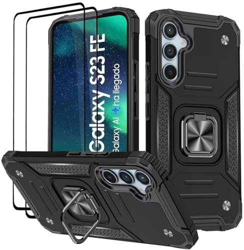 KANSi Hülle für Samsung Galaxy S23 FE, Schutzfolie [2 Stück] Silikon TPU Hart PC Handy Hüllen 360 Grad Drehbar Ringhalter Bumper Stoßdämpfung Schutzhülle - Schwarz von KANSi