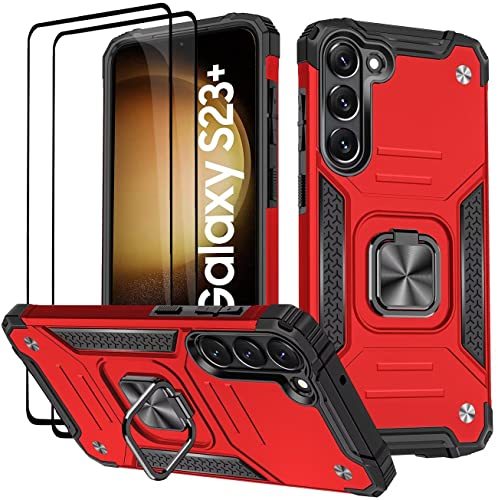 KANSi Hülle für Samsung Galaxy S23 Plus / S23+, Schutzfolie [2 Stück] Silikon TPU Hart PC Handy Hüllen 360 Grad Drehbar Ringhalter Bumper Stoßdämpfung Schutzhülle - Rote von KANSi