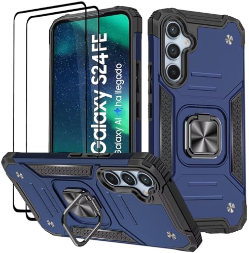 KANSi Hülle für Samsung Galaxy S24 FE, Schutzfolie [2 Stück] Silikon TPU Hart PC Handy Hüllen 360 Grad Drehbar Ringhalter Bumper Stoßdämpfung Schutzhülle - Blau von KANSi