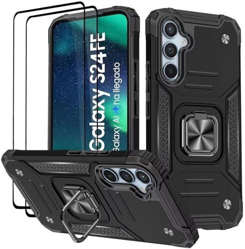 KANSi Hülle für Samsung Galaxy S24 FE, Schutzfolie [2 Stück] Silikon TPU Hart PC Handy Hüllen 360 Grad Drehbar Ringhalter Bumper Stoßdämpfung Schutzhülle - Schwarz von KANSi