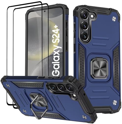 KANSi Hülle für Samsung Galaxy S24 Plus / S25 Plus, Schutzfolie [2 Stück] Silikon TPU Hart PC Handy Hüllen 360 Grad Drehbar Ringhalter Bumper Stoßdämpfung Schutzhülle - Blau von KANSi