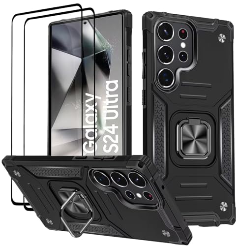 KANSi Hülle für Samsung Galaxy S24 Ultra, Schutzfolie [2 Stück] Silikon TPU Hart PC Handy Hüllen 360 Grad Drehbar Ringhalter Bumper Stoßdämpfung Schutzhülle - Schwarz von KANSi
