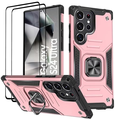KANSi Hülle für Samsung Galaxy S24 Ultra, Schutzfolie [2 Stück] Silikon TPU Hart PC HandyHüllen 360 Grad Drehbar Ringhalter Bumper Stoßdämpfung Schutzhülle - Rosé Gold von KANSi
