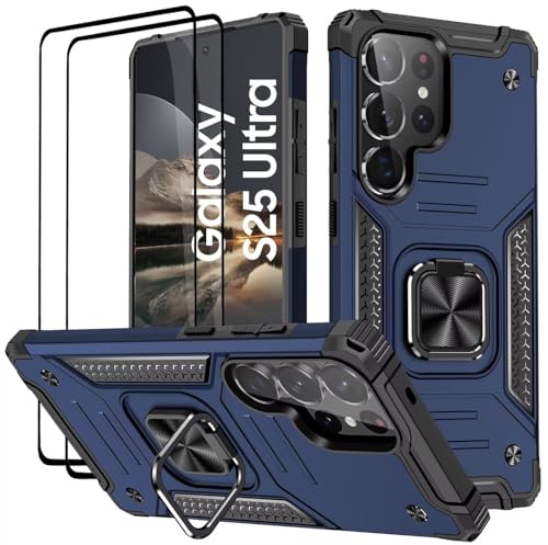 KANSi Hülle für Samsung Galaxy S25 Ultra, Schutzfolie [2 Stück] Silikon TPU Hart PC Handy Hüllen 360 Grad Drehbar Ringhalter Bumper Stoßdämpfung Schutzhülle - Blau von KANSi