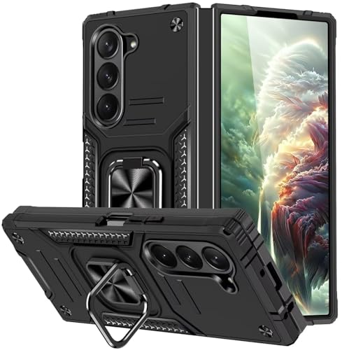 KANSi Hülle für Samsung Galaxy Z Fold 6, Silikon TPU Hart PC Handy Hüllen 360 Grad Drehbar Ringhalter Bumper Stoßdämpfung Schutzhülle - Schwarz von KANSi