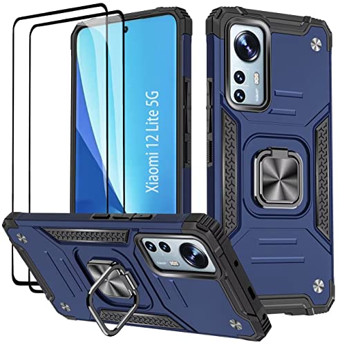 KANSi Hülle für Xiaomi 12 Lite 5G, Schutzfolie [2 Stück] Silikon TPU Hart PC Handy Hüllen 360 Grad Drehbar Ringhalter Bumper Stoßdämpfung Schutzhülle - Blau von KANSi