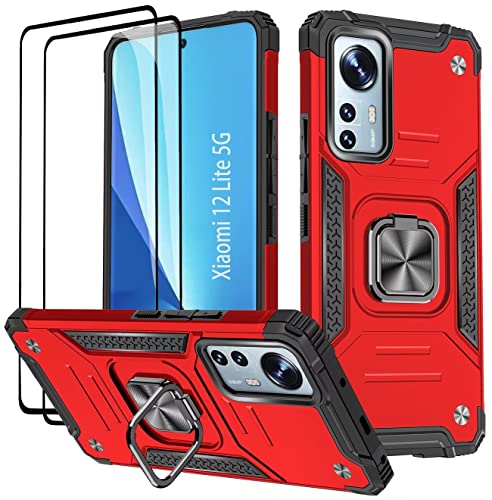 KANSi Hülle für Xiaomi 12 Lite 5G, Schutzfolie [2 Stück] Silikon TPU Hart PC Handy Hüllen 360 Grad Drehbar Ringhalter Bumper Stoßdämpfung Schutzhülle - Rote von KANSi